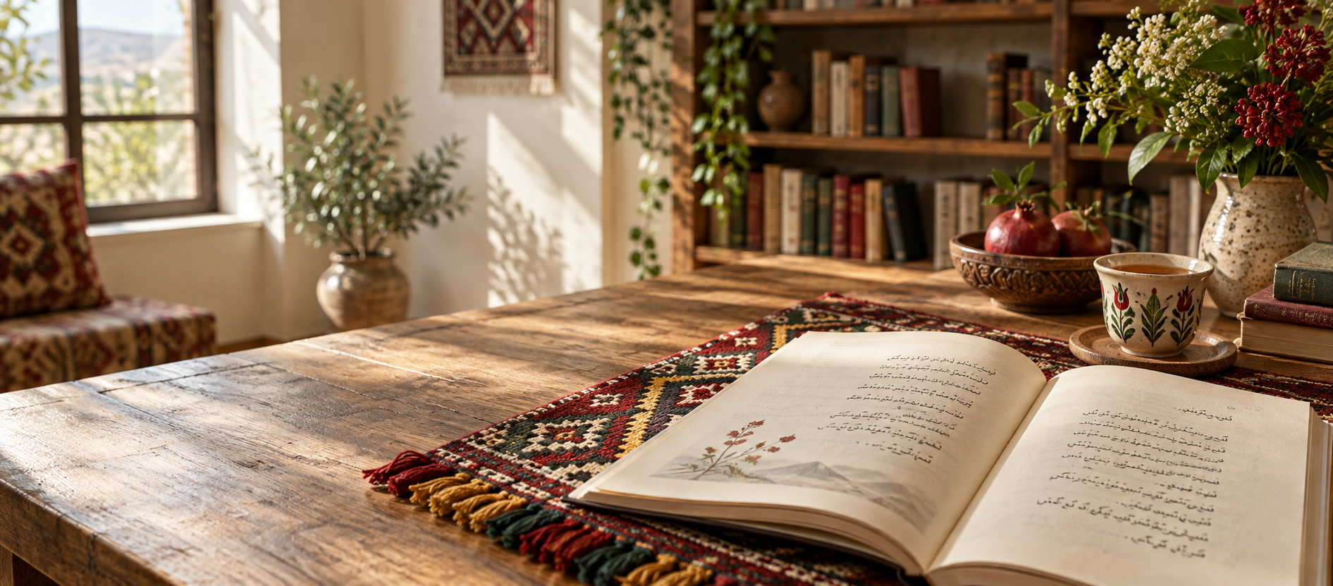 An open Kurdish poetry book, tea, and a woven textile in a warm learning space
